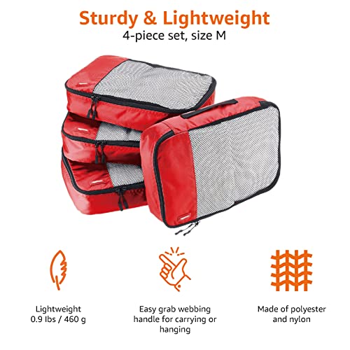 Amazon Basics 4 Piece Packing Travel Organizer Cubes Set - Medium, Red