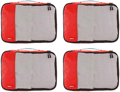 Amazon Basics 4 Piece Packing Travel Organizer Cubes Set - Medium, Red